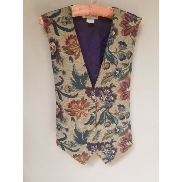 Sarah Chapman Womens Large Tan Purple V-Neck Floral Button Front Waistcoat Vest - Picture 1 of 6
